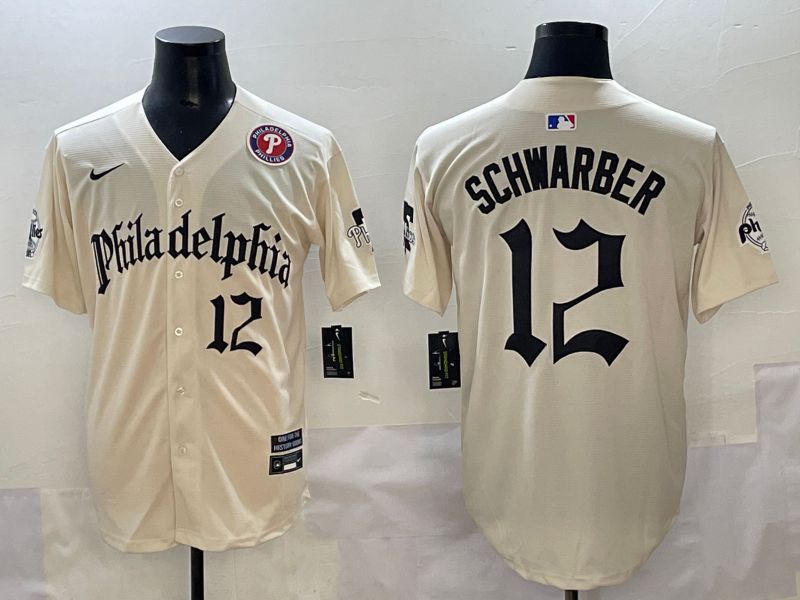 Men 2025 Philadelphia Phillies #12 Schwarber Cream Five generations Joint Name Nike MLB Jersey style 5